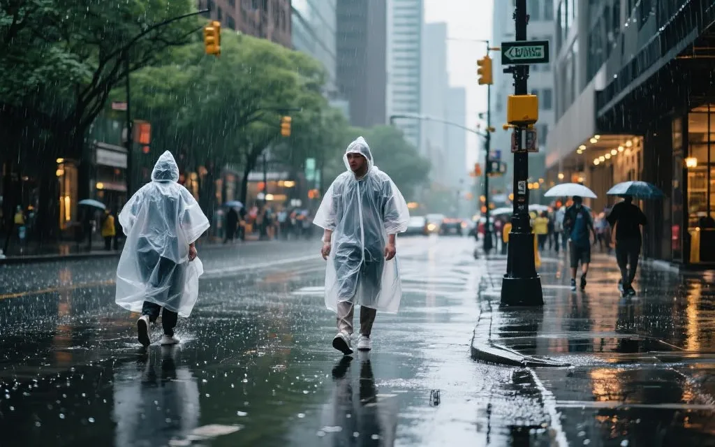 多伦多夏季突发阵雨下的球迷，透明雨衣与防水小包，城市街道反光